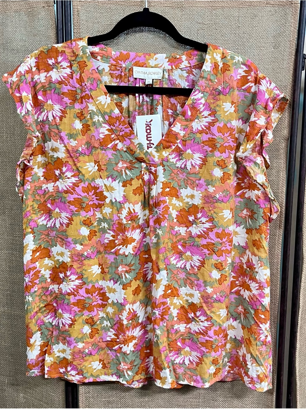 Cynthia Rowley Pink Orange & Green Floral V-Neck Blouse NWT
